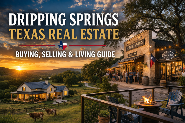 Dripping Springs Texas real estate feature image showing Hill Country homes, local lifestyle, and buying selling living guide