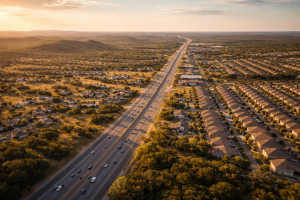 Hill Country vs I-35 Corridor: aerial view of Central Texas landscape transitioning from cedar hills to suburban development at golden hour