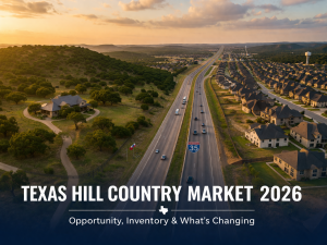 Texas Hill Country real estate market 2026 showing growth along I-35 with rural land transitioning into new suburban housing developments