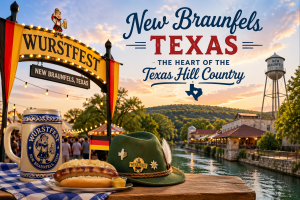 Living in New Braunfels Texas — Wurstfest beer stein, German bratwurst, alpine hat, and Texas Hill Country river view at sunset, featuring the New Braunfels water tower