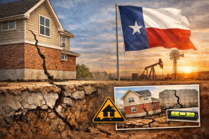 Cracked brick home foundation on dry Texas clay soil with Texas flag and warning sign — Texas foundation problems guide