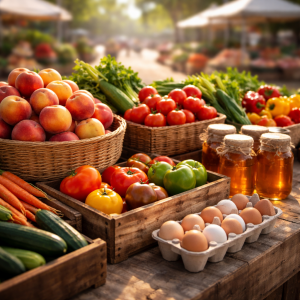 fresh produce at a farmer's market in Central Texas including peaches tomatoes honey and vegetables