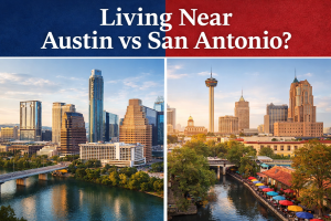 Living near Austin vs San Antonio comparison showing skyline and River Walk in Central Texas