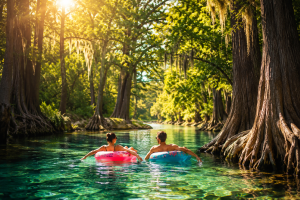 **Alt Text for Feature Image** First year living in the Texas Hill Country: couple floating on a crystal-clear Texas river surrounded by towering cypress trees during a golden summer afternoon.