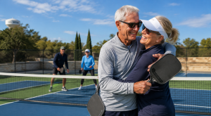 A couple celebrates a point while playing pickleball at a 55+ community in Central Texas