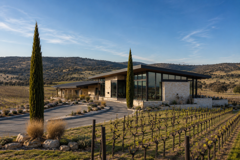 Buying a vacation home in Fredericksburg, Texas — a limestone and glass estate overlooking Hill Country vineyards in wine country.