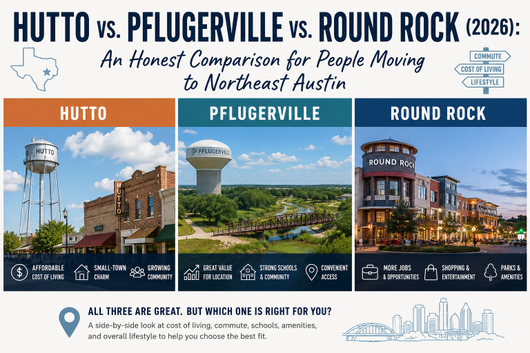Hutto vs Pflugerville vs Round Rock 2026 comparison graphic with downtown photos and key lifestyle traits of each Northeast Austin suburb