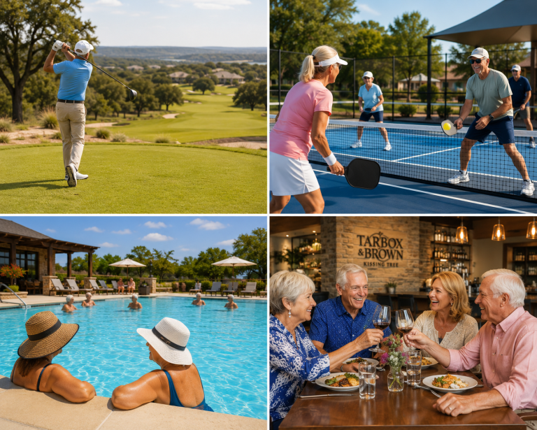 Kissing Tree San Marcos 55+ community lifestyle: golf, pickleball, resort pool, and dining at Tarbox & Brown