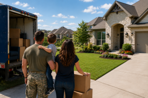 Military relocation Central Texas podcast β military family with moving boxes outside a Hill Country home