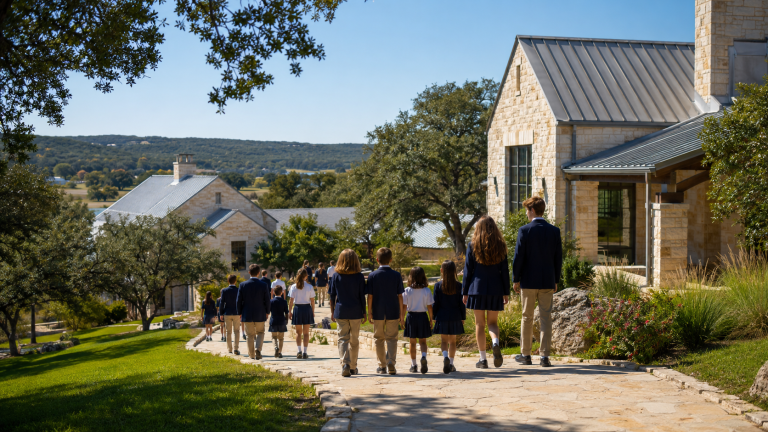 Private schools in Boerne, TX: students walking on a Hill Country school campus.