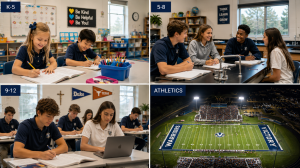 Private schools in Central Texas: students in K-5, middle, and high school classrooms and a Friday-night football stadium