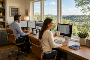 Two remote workers at a dual-desk home office with multi-monitor setups, overlooking rolling Texas Hill Country views — illustrating the best Hill Country towns for remote workers
