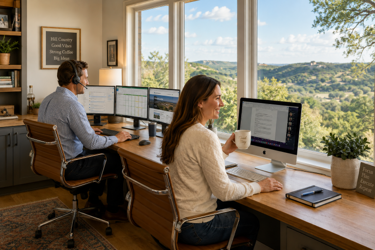 Two remote workers at a dual-desk home office with multi-monitor setups, overlooking rolling Texas Hill Country views — illustrating the best Hill Country towns for remote workers