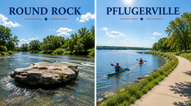 Pflugerville vs Round Rock comparison: the round rock limestone formation in Brushy Creek beside Lake Pflugerville with kayakers and a shoreline trail