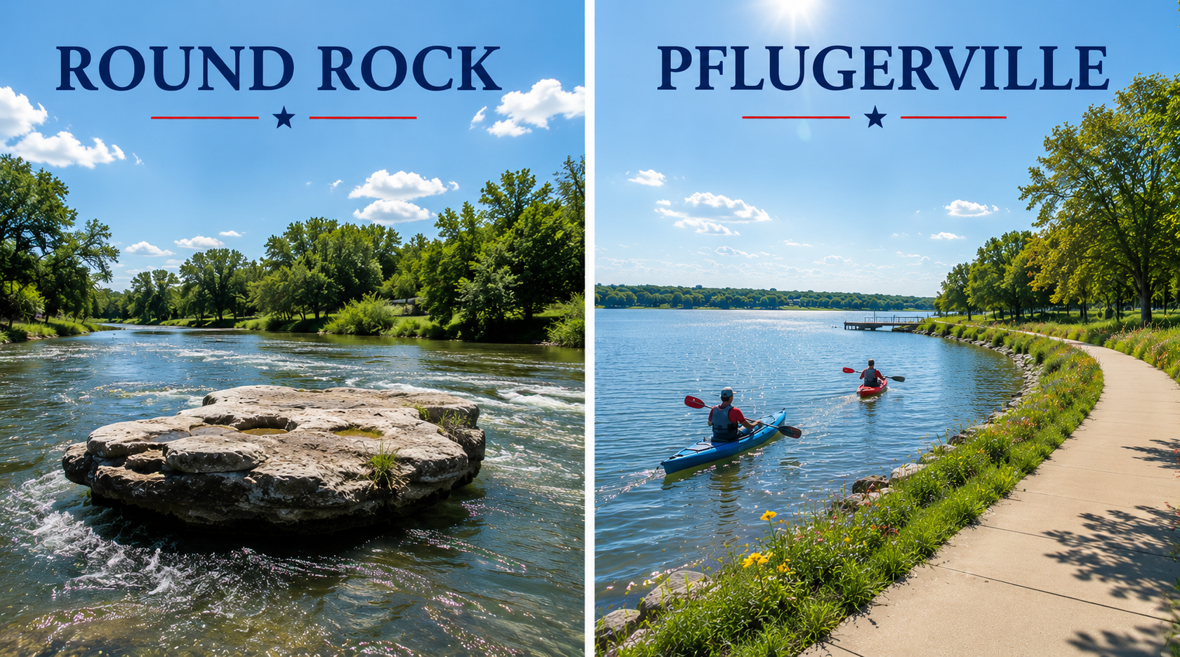 Split image comparing Round Rock and Pflugerville, Texas: the round rock limestone formation in Brushy Creek on the left, Lake Pflugerville with kayakers and a shoreline trail on the right