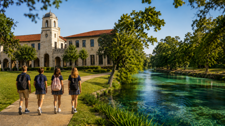 Private schools San Marcos TX — students walking beside the spring-fed San Marcos River toward a limestone campus