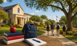 Private schools in New Braunfels, TX: uniformed students walking toward a limestone campus building with Texas and U.S. flags