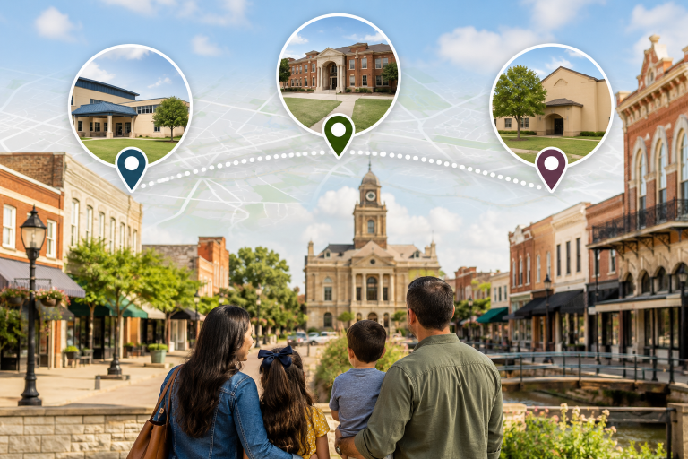 Private schools in Schertz, Cibolo and Seguin shown as three campus map pins above a family looking toward a Central Texas courthouse square