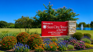Living in Sun City Texas by Del Webb entrance sign, the Georgetown 55+ community, framed by wildflowers and a lakeside fountain