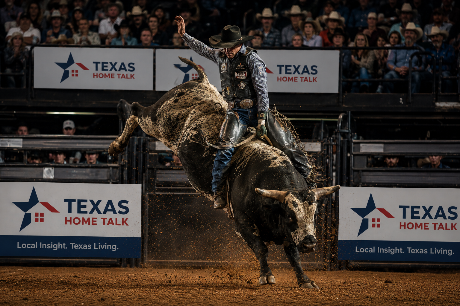 Central Texas rodeo bull rider in a black cowboy hat, plaid shirt and protective vest, right arm raised for balance, riding a spotted black-and-white bull mid-buck with its head down and hind legs kicked out, dirt spraying across the arena floor in front of a packed crowd and Texas Home Talk banners along the rail