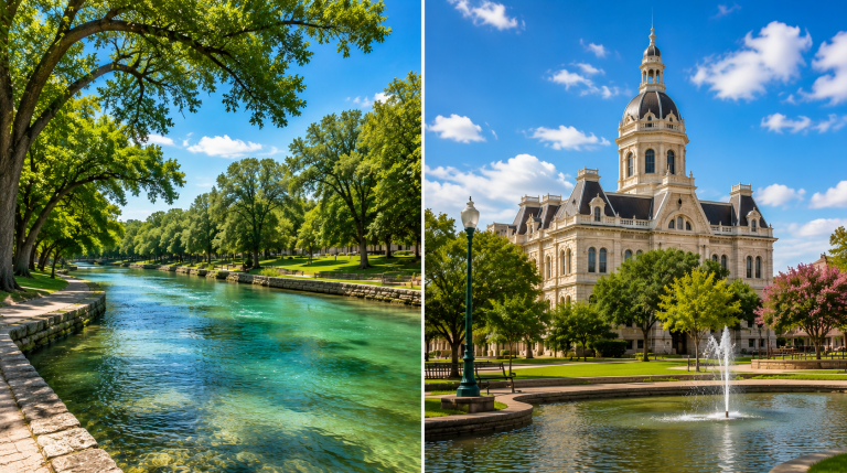 Should I move to Seguin or New Braunfels — Landa Park's spring-fed river in New Braunfels beside the historic Guadalupe County Courthouse in Seguin