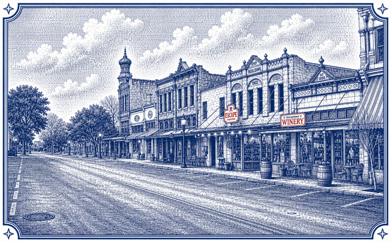 Best neighborhoods in Georgetown, TX — illustrated view of the historic Courthouse Square shops