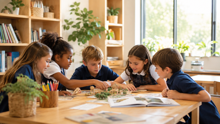 private schools in Georgetown TX: students in uniforms working together on a hands-on project in a bright classroom