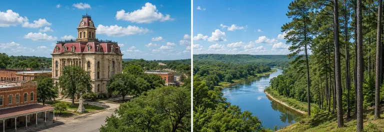 Lockhart vs Bastrop comparison showing the historic Caldwell County courthouse and downtown Lockhart on the left and the Colorado River winding through the Lost Pines forest near Bastrop, Texas on the right