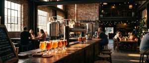 A row of amber and golden craft beer flights on a reclaimed-wood bar at a San Antonio taproom, with brewing tanks, exposed brick, and patrons at golden hour