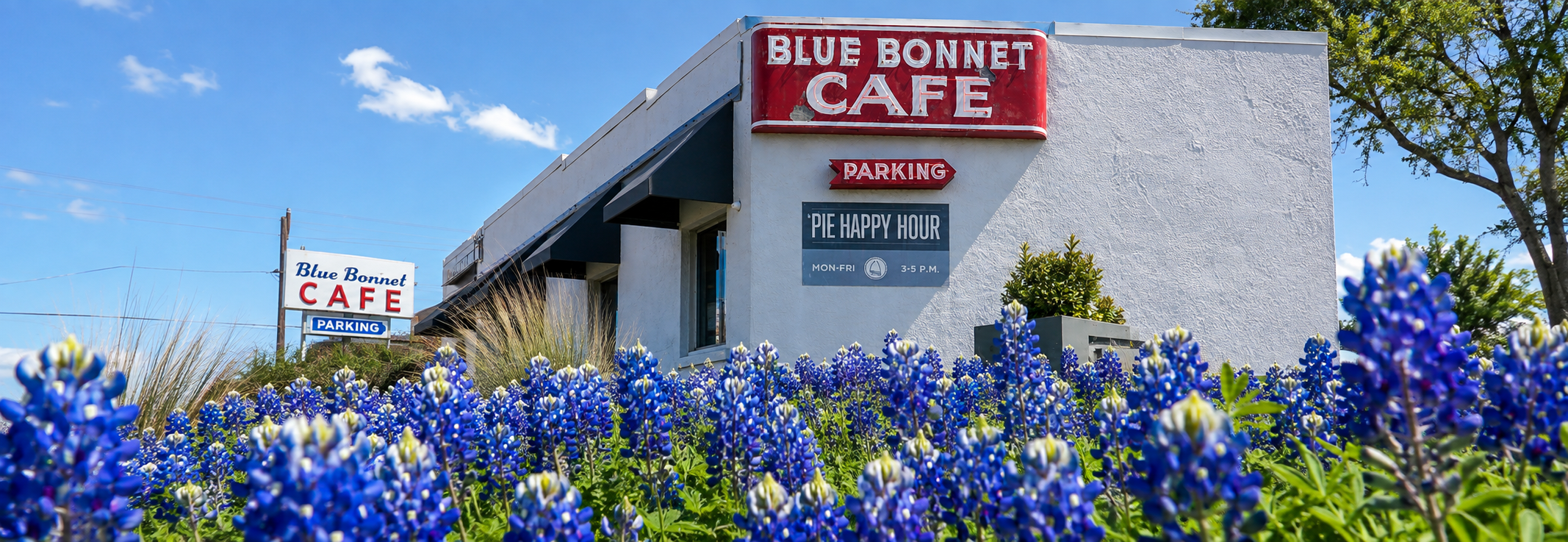The historic Blue Bonnet Cafe framed by Texas bluebonnets in Marble Falls, Texas