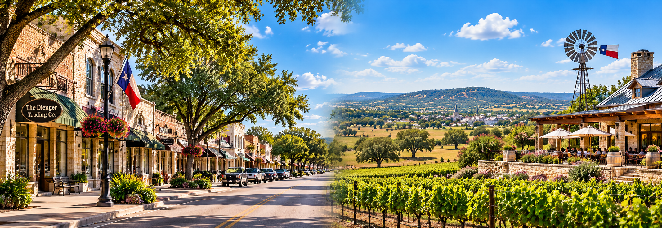Illustrated split scene comparing two Hill Country towns: a stone-fronted Main Street with shops and flags on the left, and a vineyard with a windmill and a distant church steeple on the right