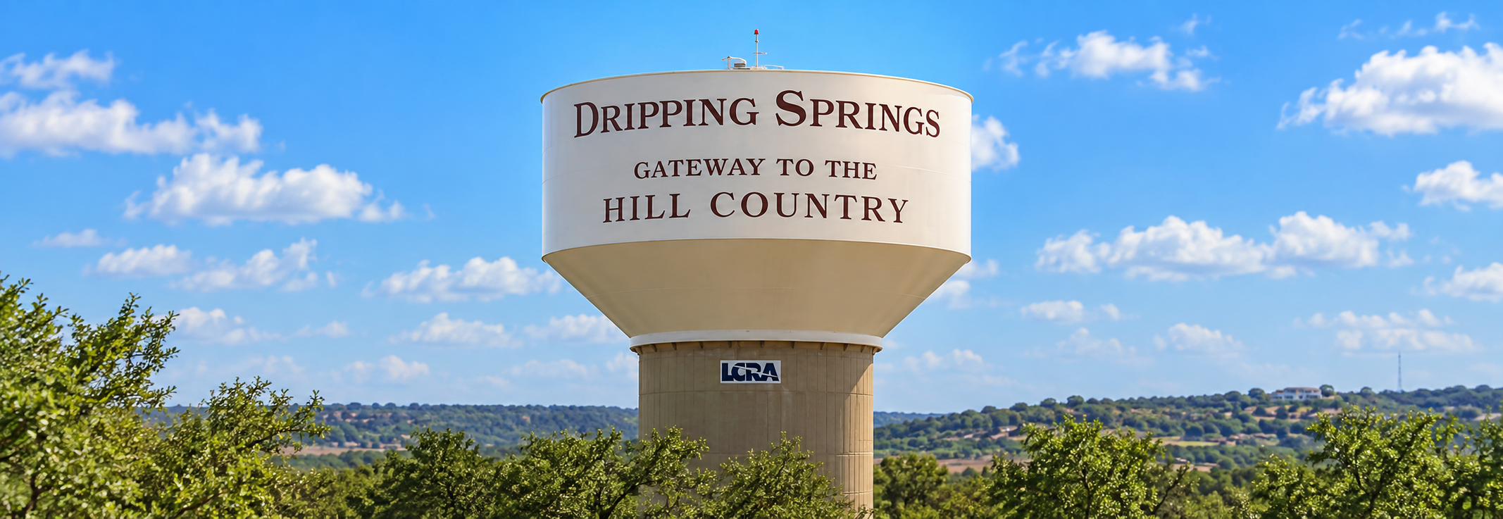 Dripping Springs, Texas water tower — gateway to the Hill Country