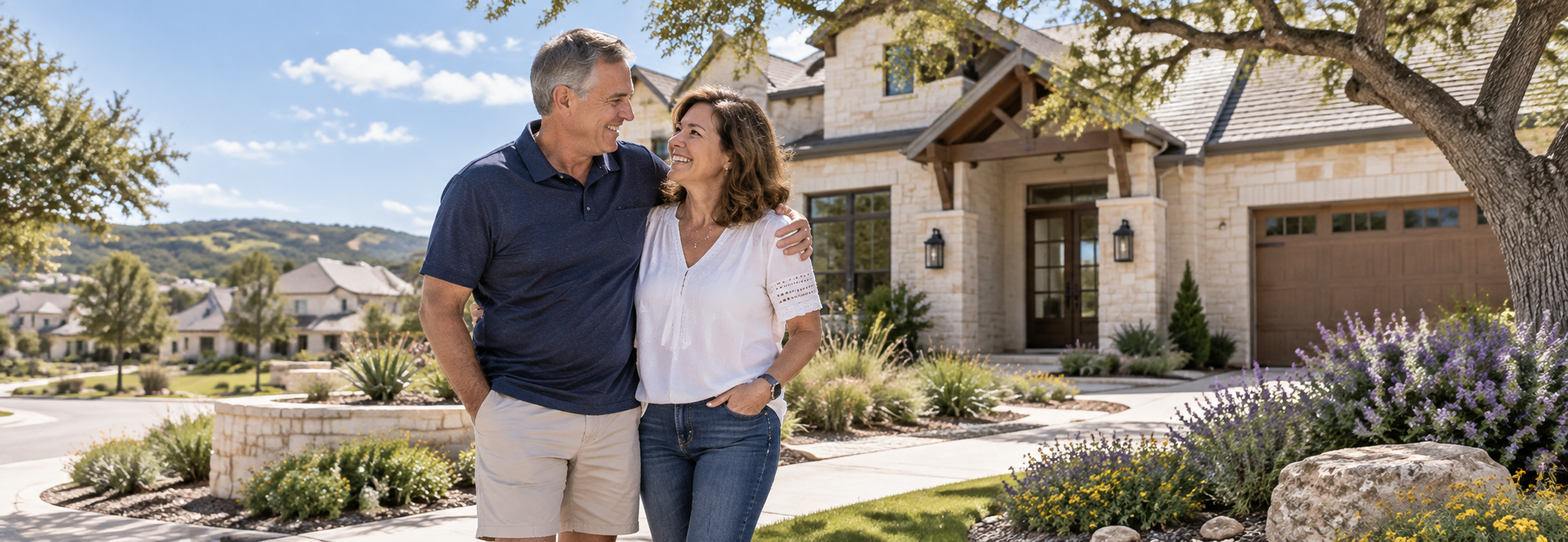 A smiling senior couple walk arm in arm outside their Hill Country stone-and-timber home with native Texas landscaping, illustrating a Texas Home Talk 55+ Living guide to relocating to Central Texas as a senior