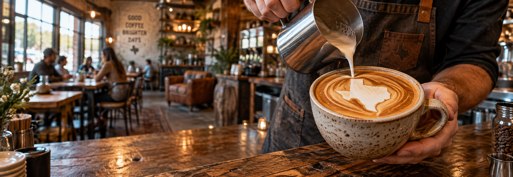 Best coffee shops in Central Texas: barista pouring a Texas-shaped latte art design at a cafe counter