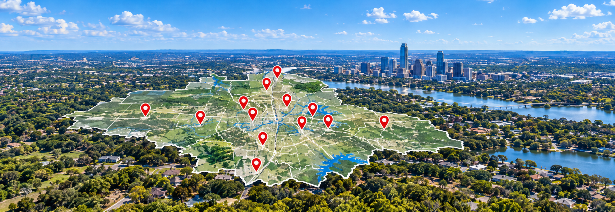 Central Texas towns by county: aerial view of the Austin skyline with a green Central Texas map overlay marked by red location pins
