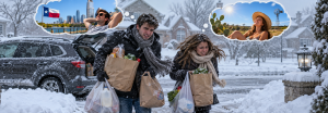 Moving from Illinois to Texas: a couple loading groceries into an SUV on a snowy street, each daydreaming about sunny Texas