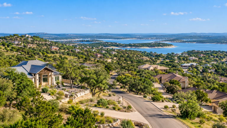 Hill Country homes and winding road overlooking Canyon Lake, Texas