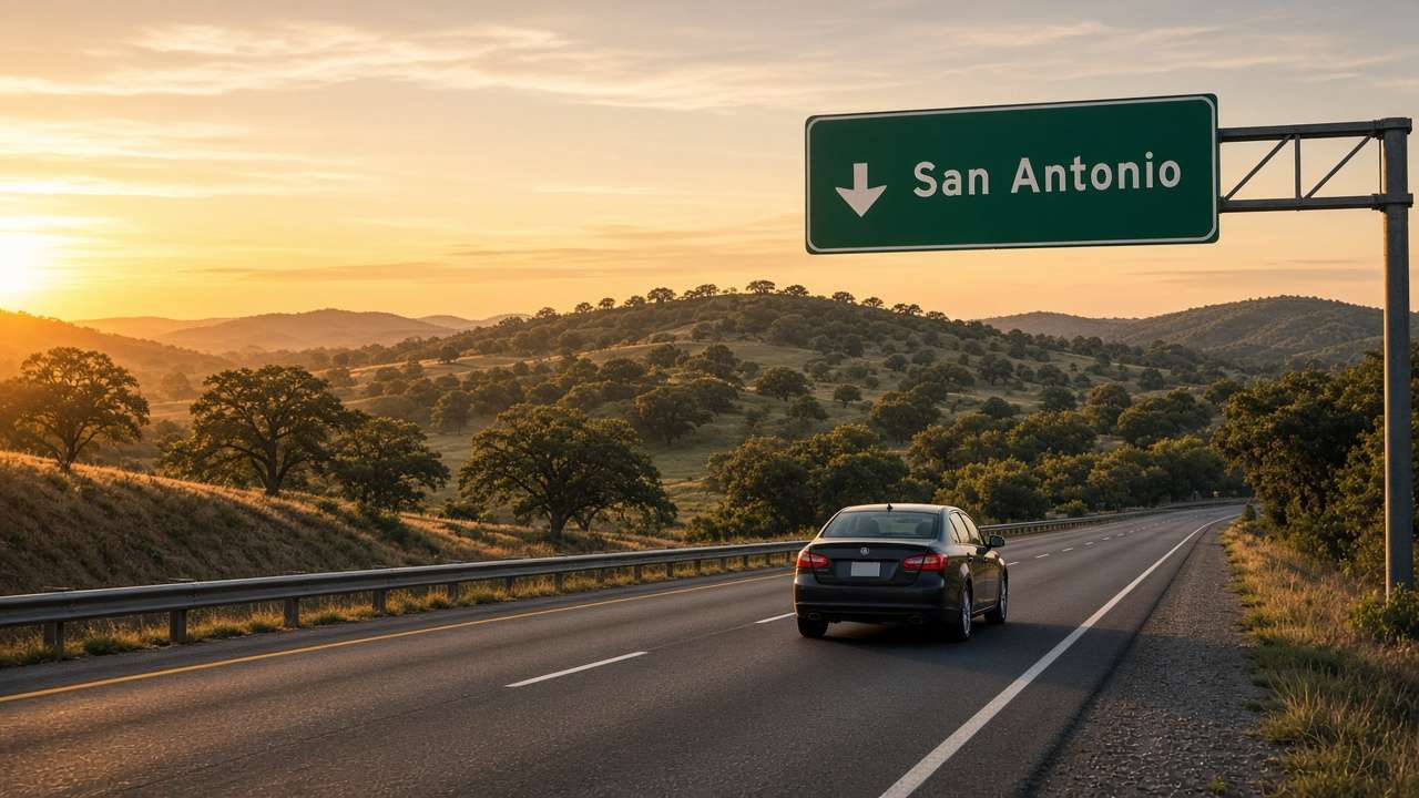 Central Texas newcomers: a car heads south on I-35 toward San Antonio through the Hill Country at sunset