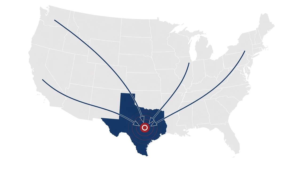 Map of where Central Texas newcomers are coming from: arrows from California, Seattle, Chicago and the Northeast into Central Texas