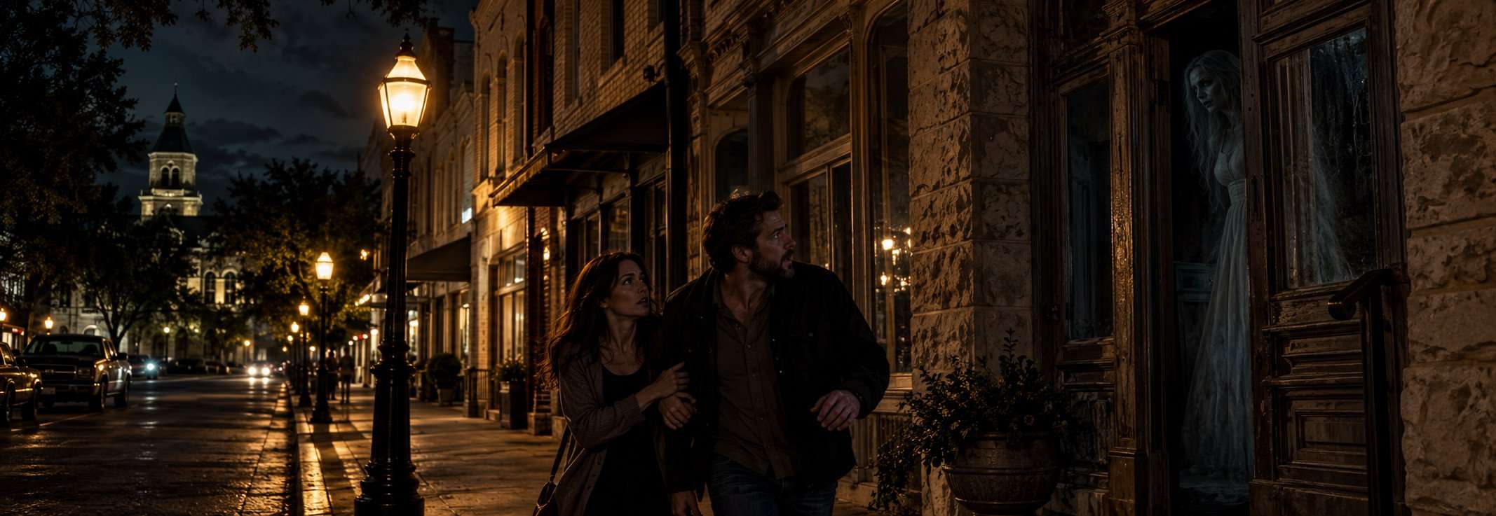 Couple walking a lamp-lit historic downtown street at night as a ghostly figure appears in a shop window