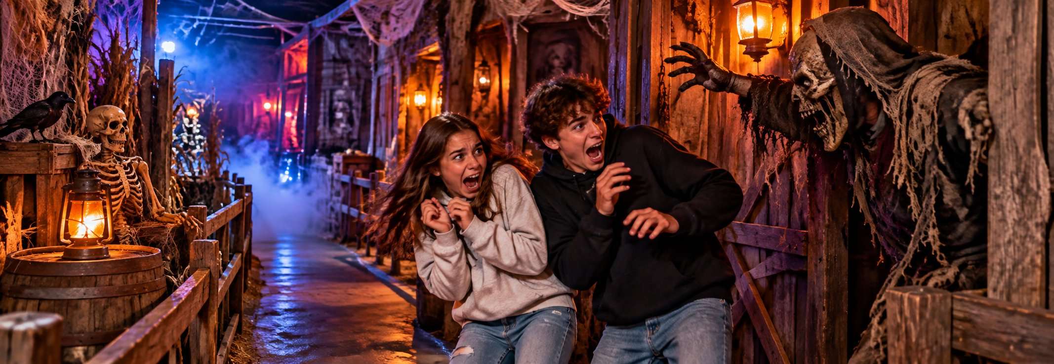 Haunted houses in Central Texas: two teens recoil from a costumed monster in a foggy, lantern-lit haunted house walkway