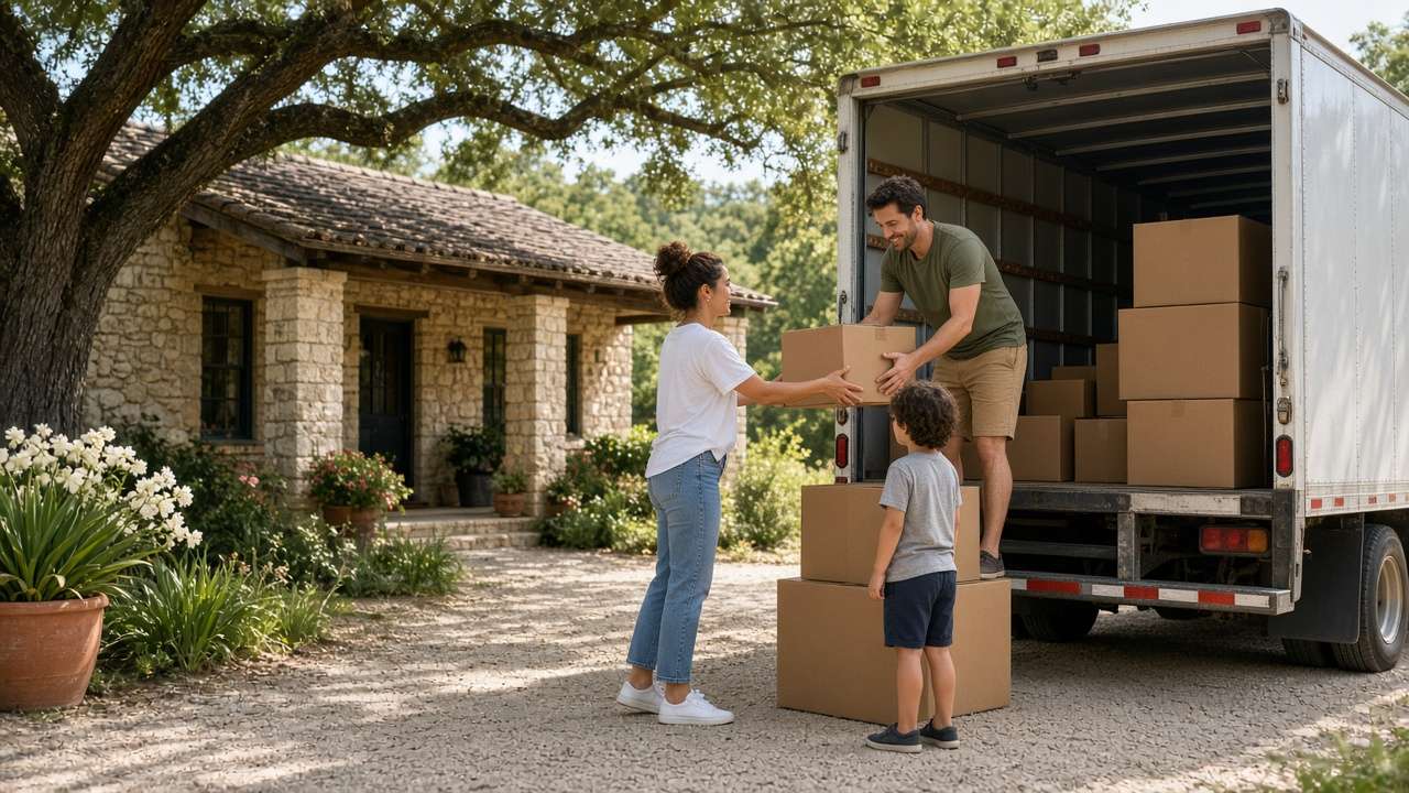 Family unloading a moving truck at a limestone Hill Country home after moving from California