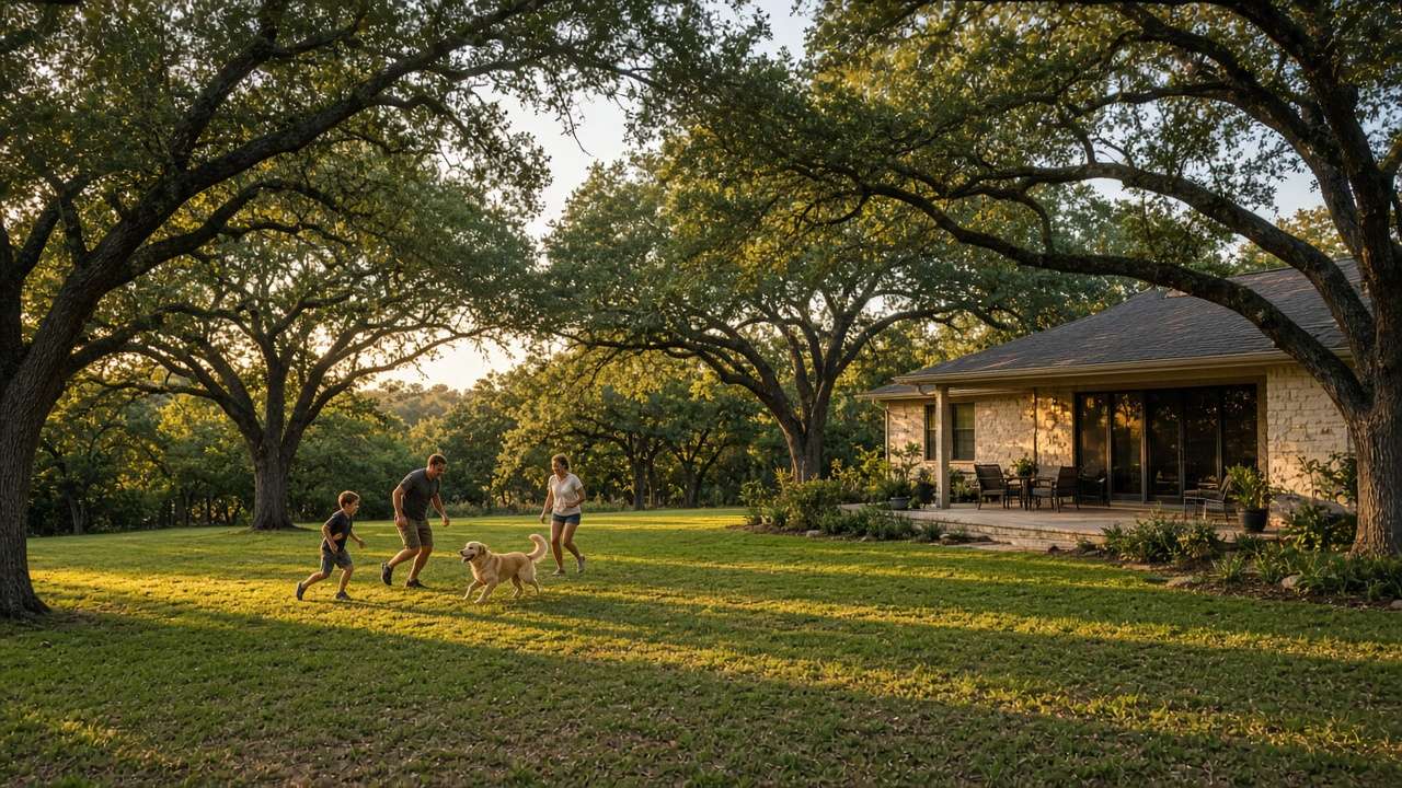 Family and dog playing in a large live oak backyard in Central Texas