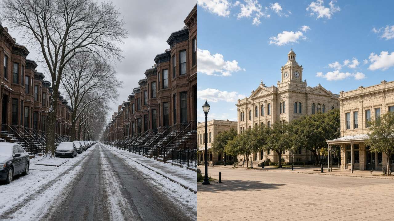 Snowy Northeast brownstone street beside a sunny Texas courthouse square