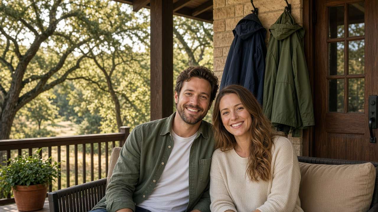 Couple on a sunny Texas porch with rain jackets hung by the door after moving from Seattle