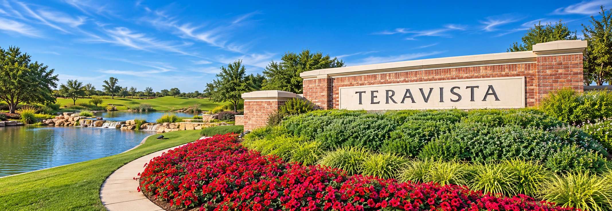Teravista entrance sign with a pond, waterfall and red flower beds in Round Rock, Texas