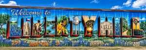 Welcome to Liberty Hill mural, a gateway to Liberty Hill master-planned communities, with bluebonnets, a longhorn and the water tower.